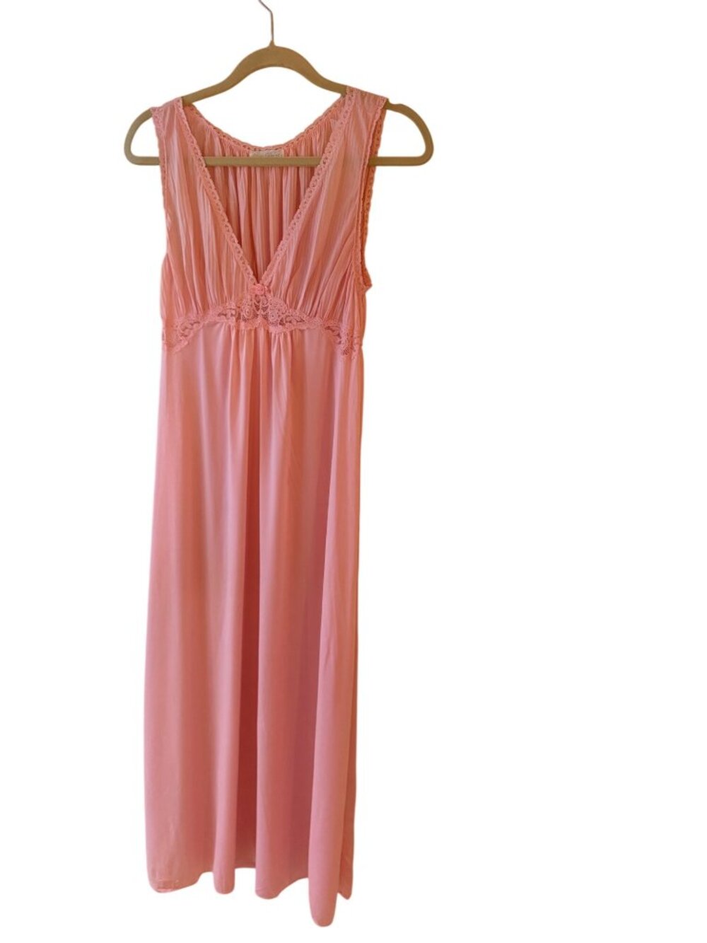 Miss Elaine Womens Empire Waist V-neck Slip Nightgown Size M Pink Nylon Vintage